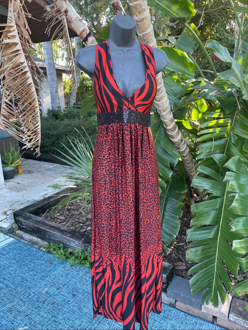 Zebra print, leopard print and sequin maxi dress